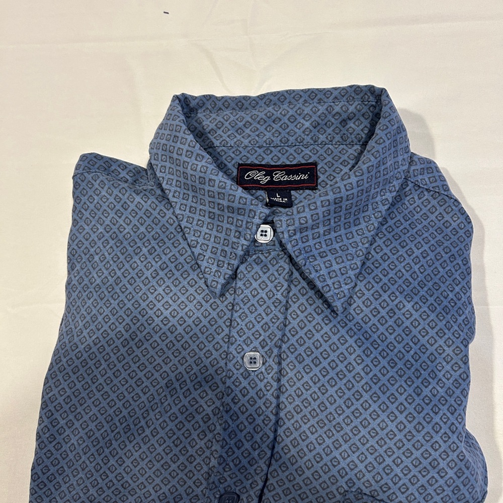 Oleg Cassini Geometric Silk Blend Pattern Blue Shirt